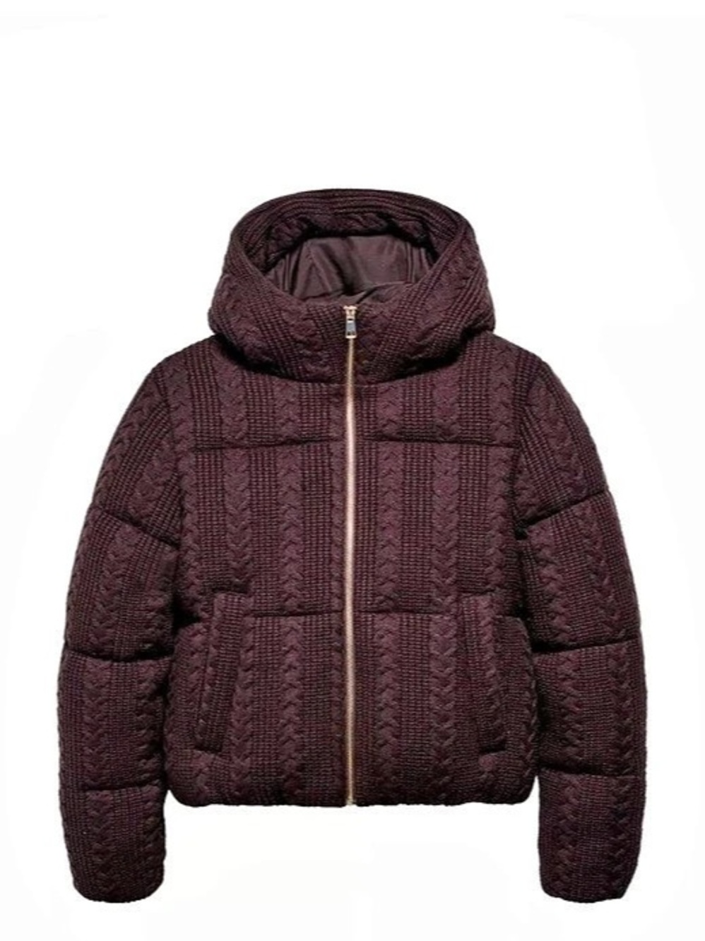Zara Cable Knit Hooded Anorak Puffer Jacket in Burgundy/Brown Size Medium
